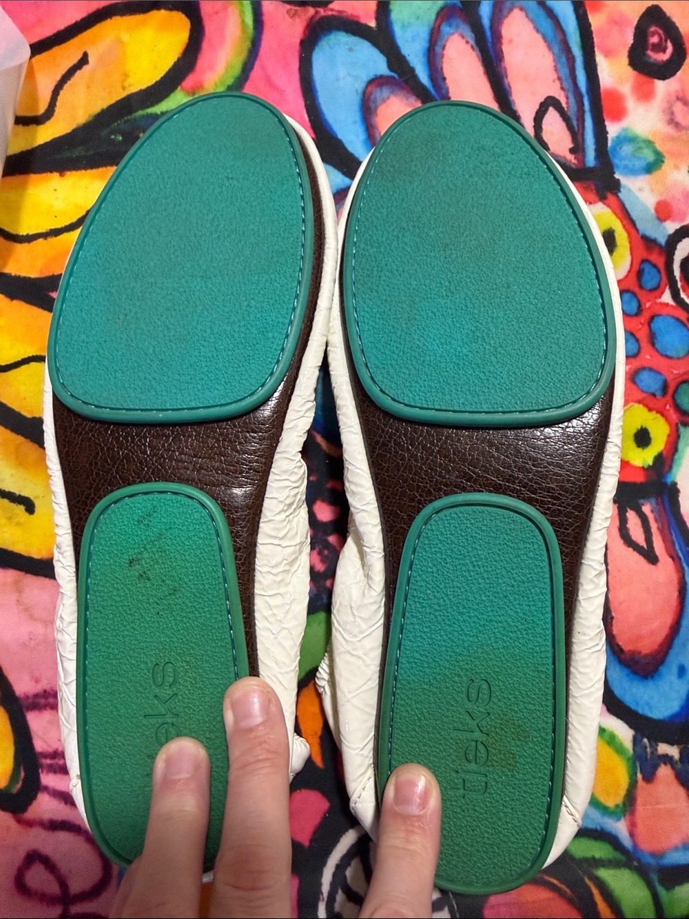 Tieks White Crinkle Leather Ballet Flats with Teal Soles - Picture 3 of 5